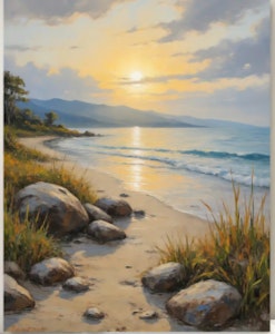 Mal etter nummer strand i soloppgang 40x50 cm