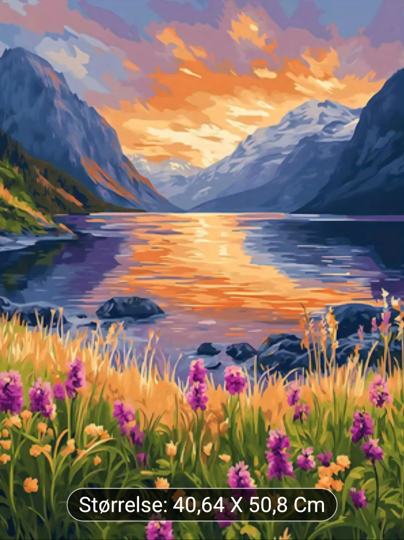 Mal etter nummer solnedgang med fjell og vann 40,68x50,8 cm