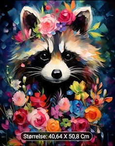 Mal etter nummer Vaskebjørn med blomster 40,64x50,8 cm