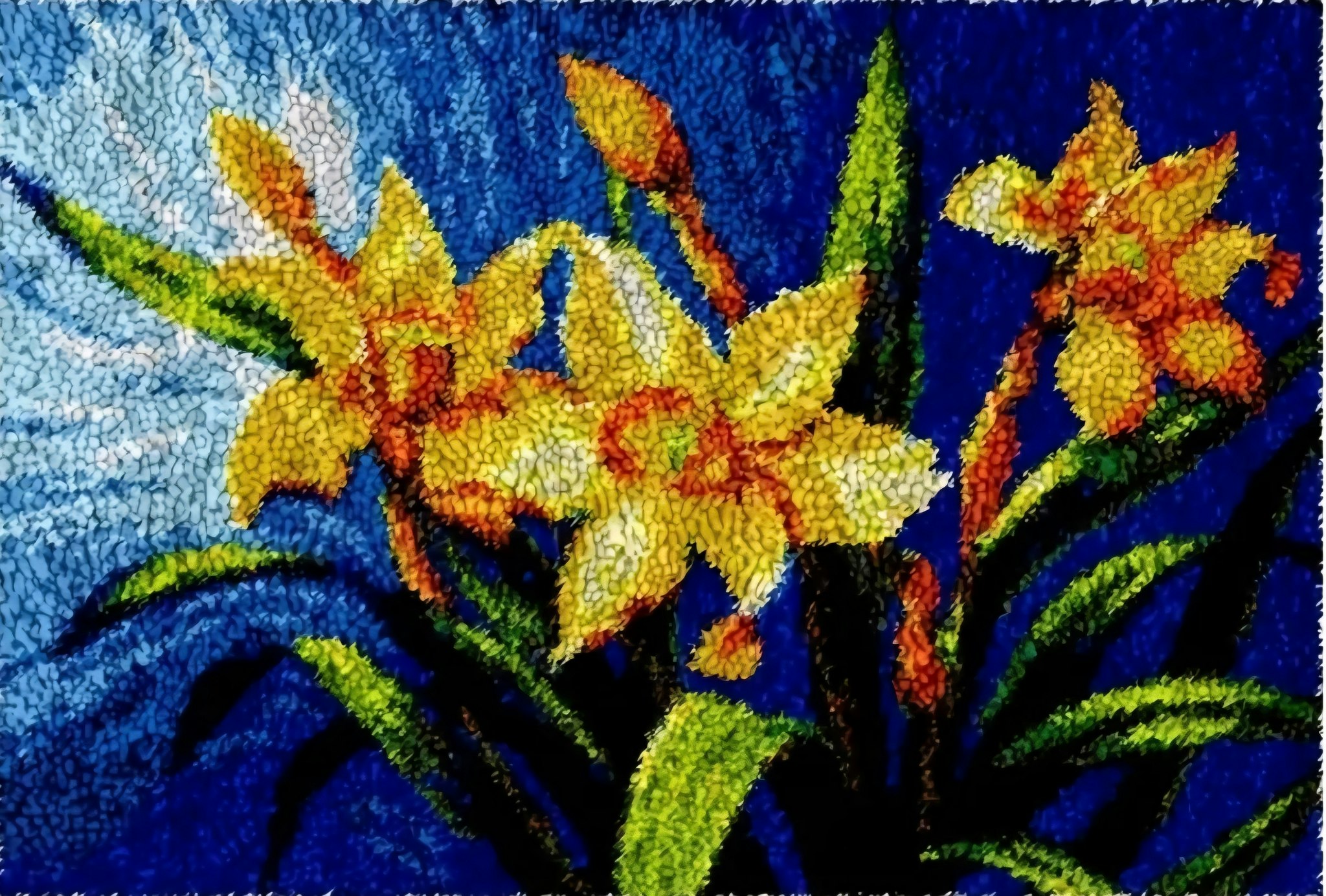 Knyteteppe gule liljer, med bakstykke ca 50x38 cm