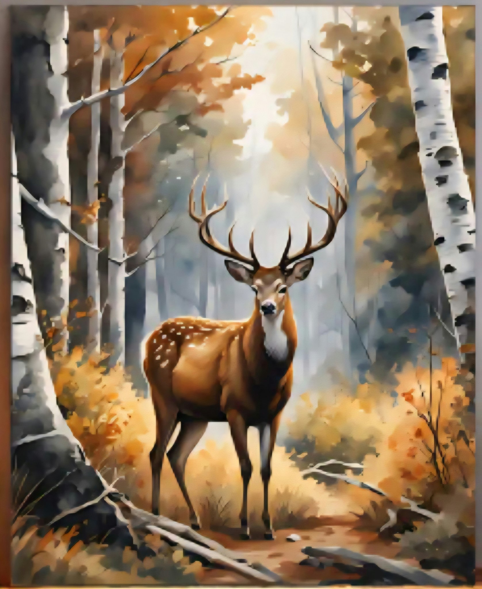 Mal etter nummer hjort i bjørkeskog ca 40x50 cm