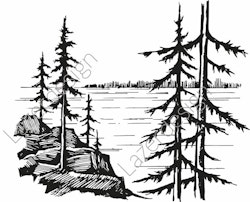 14191-Stämpel träd vid sjö