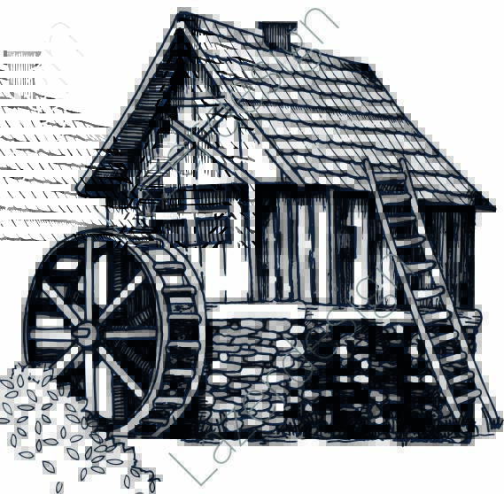 14210-Stämpel Hus med vattenkvarn
