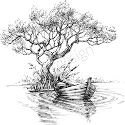 14235-Stämpel Träd med en båt