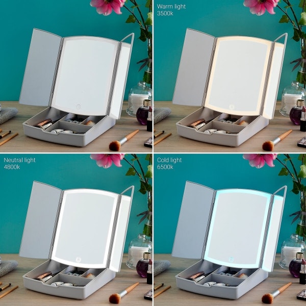 3-i-1 Fällbar LED-spegel med Sminkorganisator Panomir InnovaGoods – Funktion och Elegans i Ett