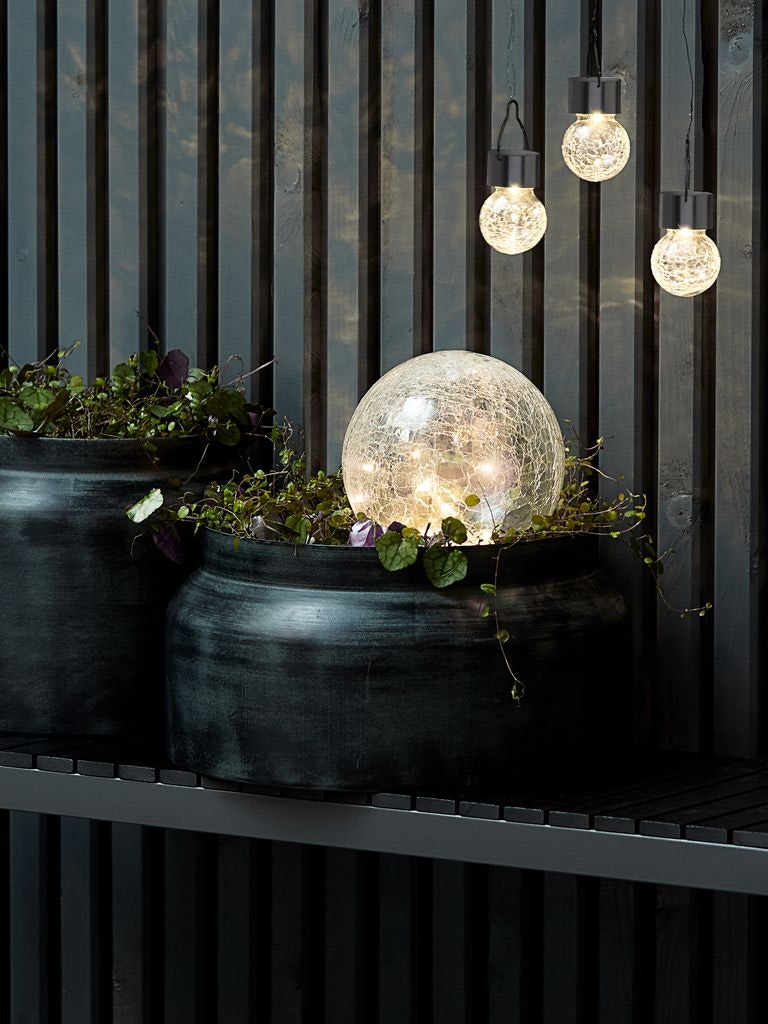 Solcellslampa HAVSVALE Ø20×H29 cm – Kristallklar glaskula med 20 varmvita LED & automatisk tändning