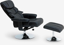 HASSELAGER Fåtölj med Fotpall – Svart Konstläder & Ergonomisk Komfort