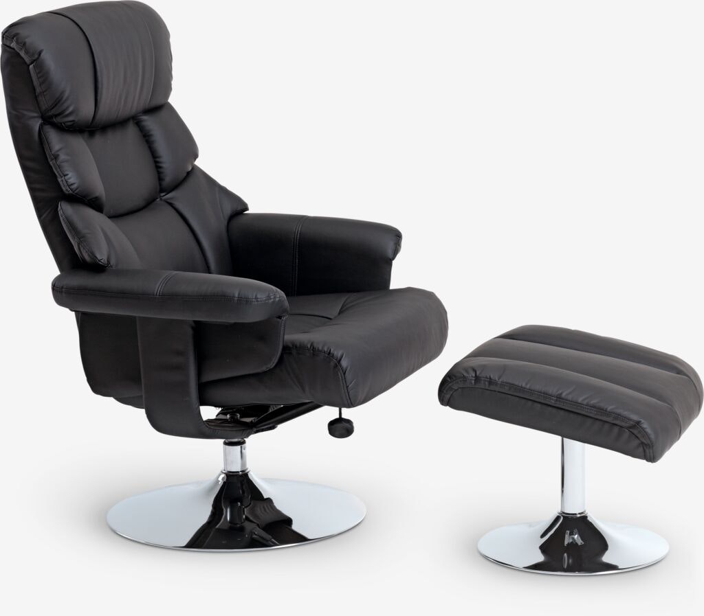 HASSELAGER Fåtölj med Fotpall – Svart Konstläder & Ergonomisk Komfort