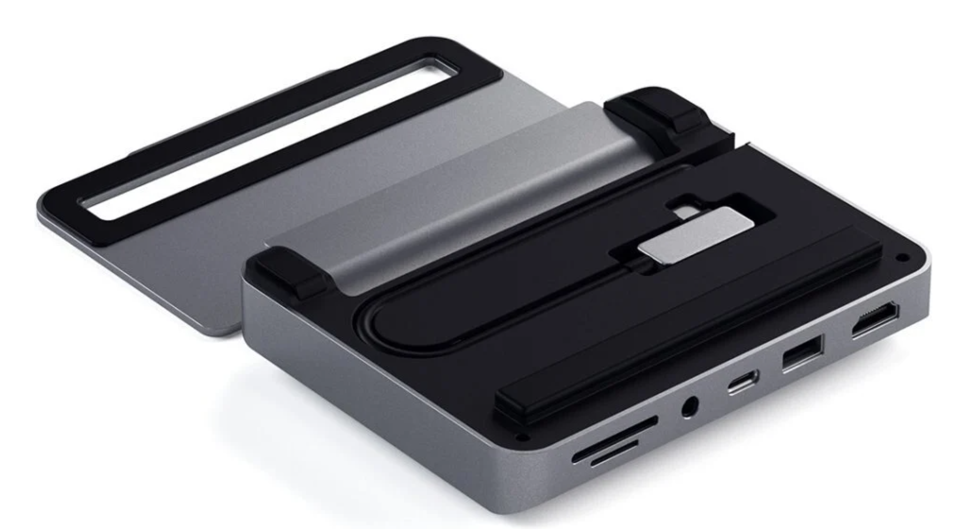 Satechi Aluminum Stand Hub – 7‑i‑1 Space Gray Dock med Ergonomisk Höjd för MacBook & iPad