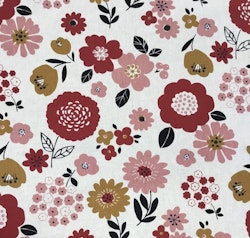 Lin/bomull natur med røde/rosa blomster
