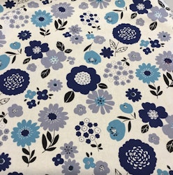 Lin/bomull natur med blå/turkis blomster