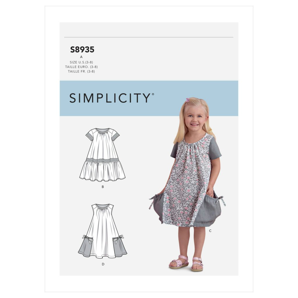 Simplicity S8935 Kjole med lommer og rynker i halsen til barn - Lappelykke