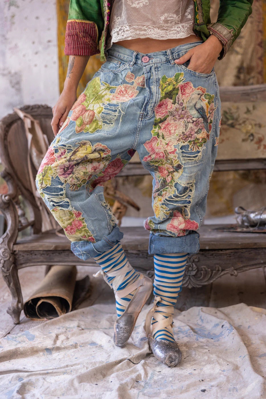 Blommiga applikationer Miner Denims