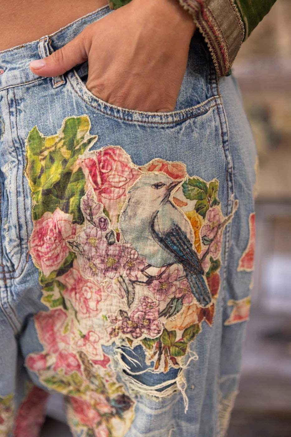 Blommiga applikationer Miner Denims