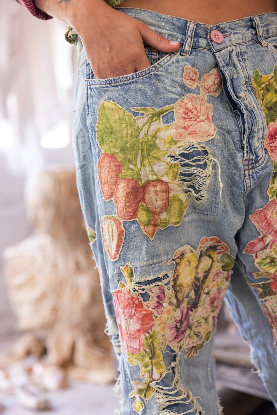 Blommiga applikationer Miner Denims