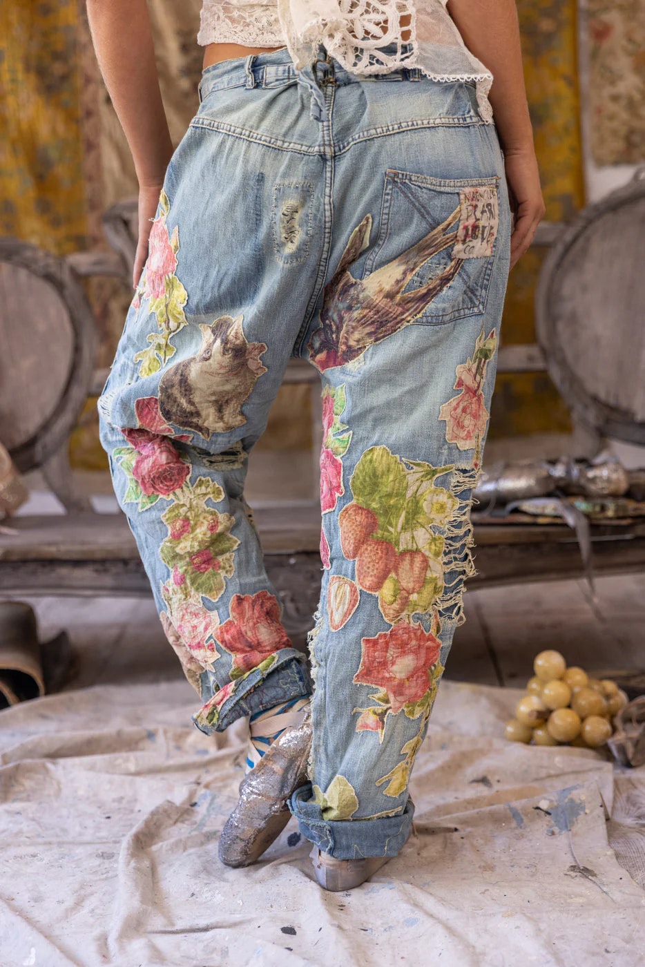 Blommiga applikationer Miner Denims