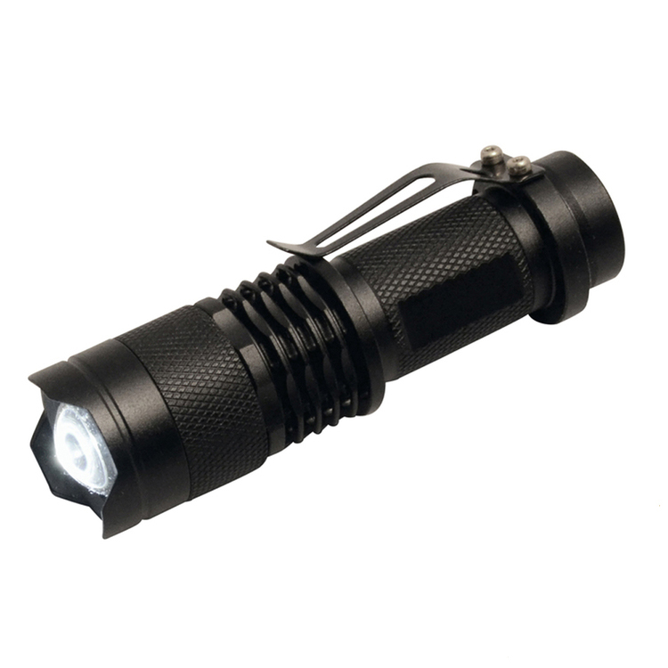 En mini LED ficklampa med justerbar ljuskägla.