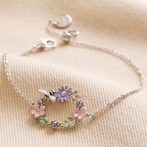 Armband – Rund blomsterkrans med bi, silver