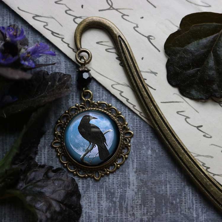 Bokmärke, book hook – Kråkfågel, blå måne