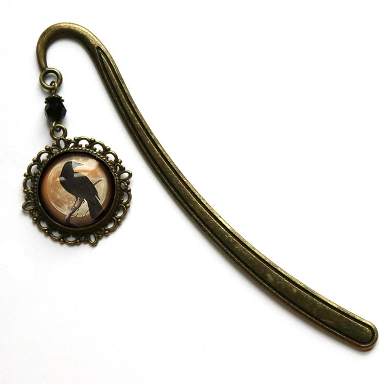 Bokmärke, book hook – Kråkfågel, orange måne