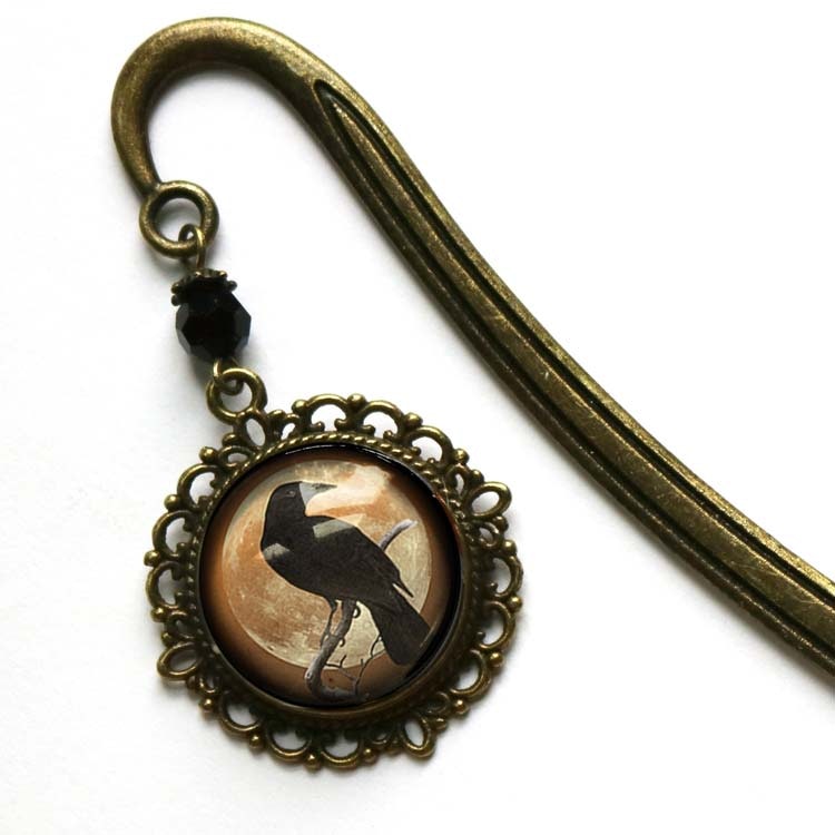 Bokmärke, book hook – Kråkfågel, orange måne