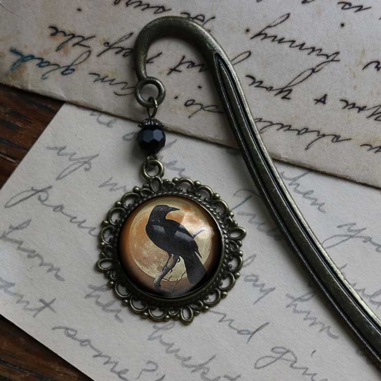 Bokmärke, book hook – Kråkfågel, orange måne