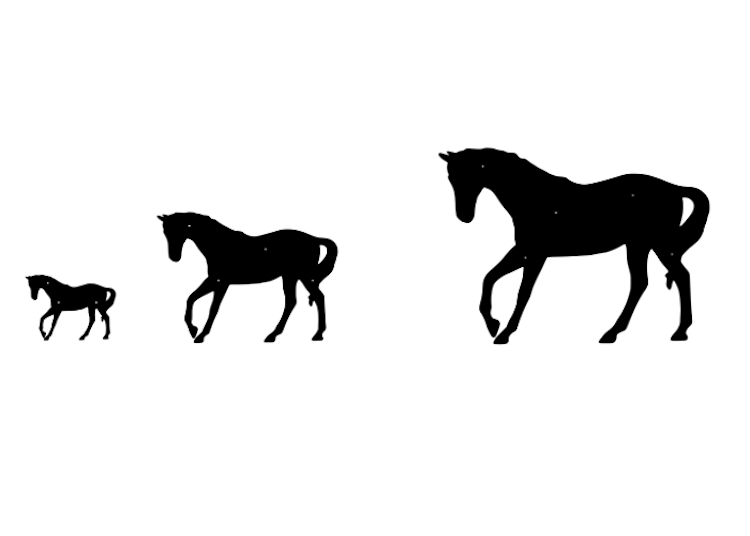 Siluett av en häst i tre olika storlekar.