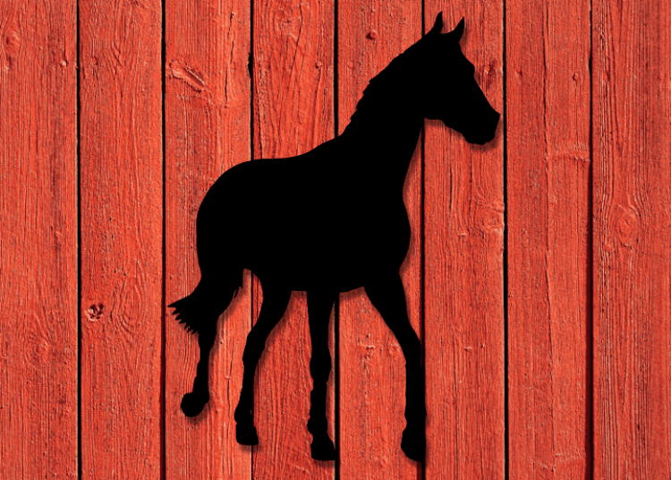 Svart fasadhäst på röd träfasad.