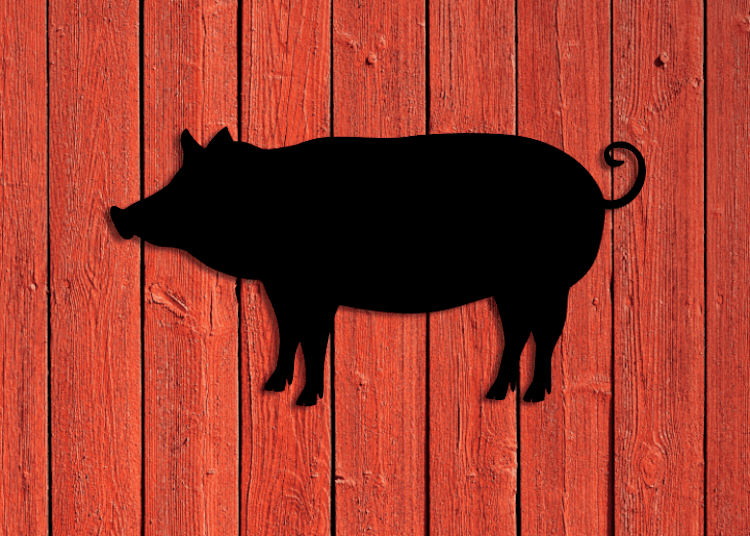 Svart siluett av en gris mot röd träfasad.