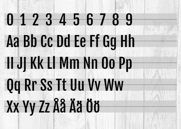Hussiffror och husbokstäver i typsnitt 6 Fjalla One.