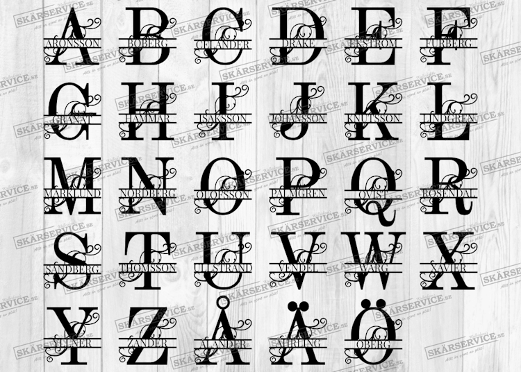 Samtliga bokstäver i alfabetet i vår monogramdesign.