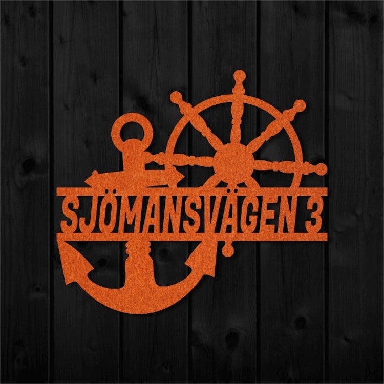 Personlig skylt i Cortenstål. Motiv med ankare och roder.