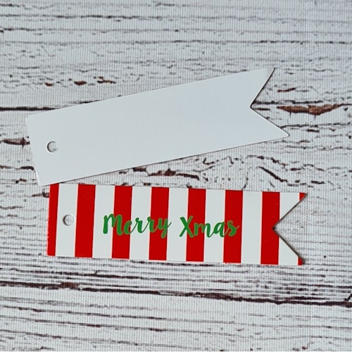 Jul etikett, Polkagris "Merry Xmas," 7x2 cm. 10-pack