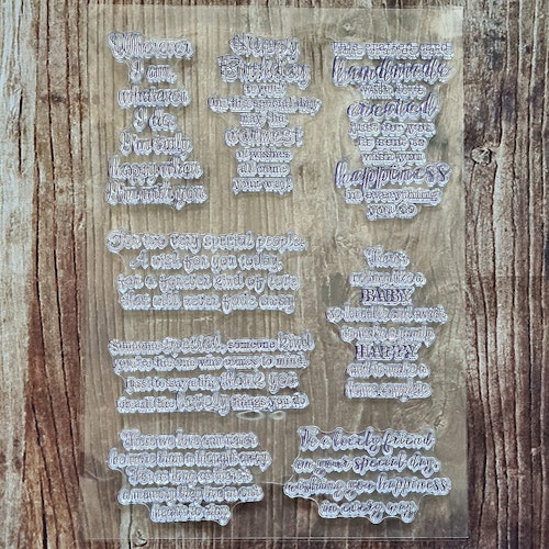 Clear stamps, 8 st texter till olika tillfällen, 21x15 cm