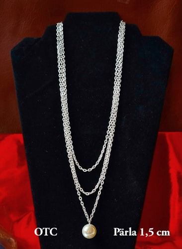 Halsband 60 cm i Ädelstål, 3 kedjor med Pärla 1,5 cm