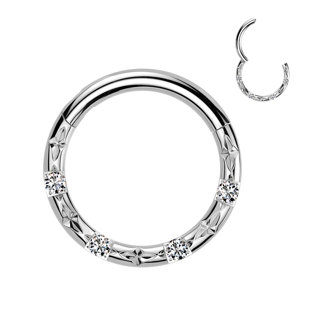 Fasettslipad clicker ring 1.2mm i titanium med 4st kubisk zirconia