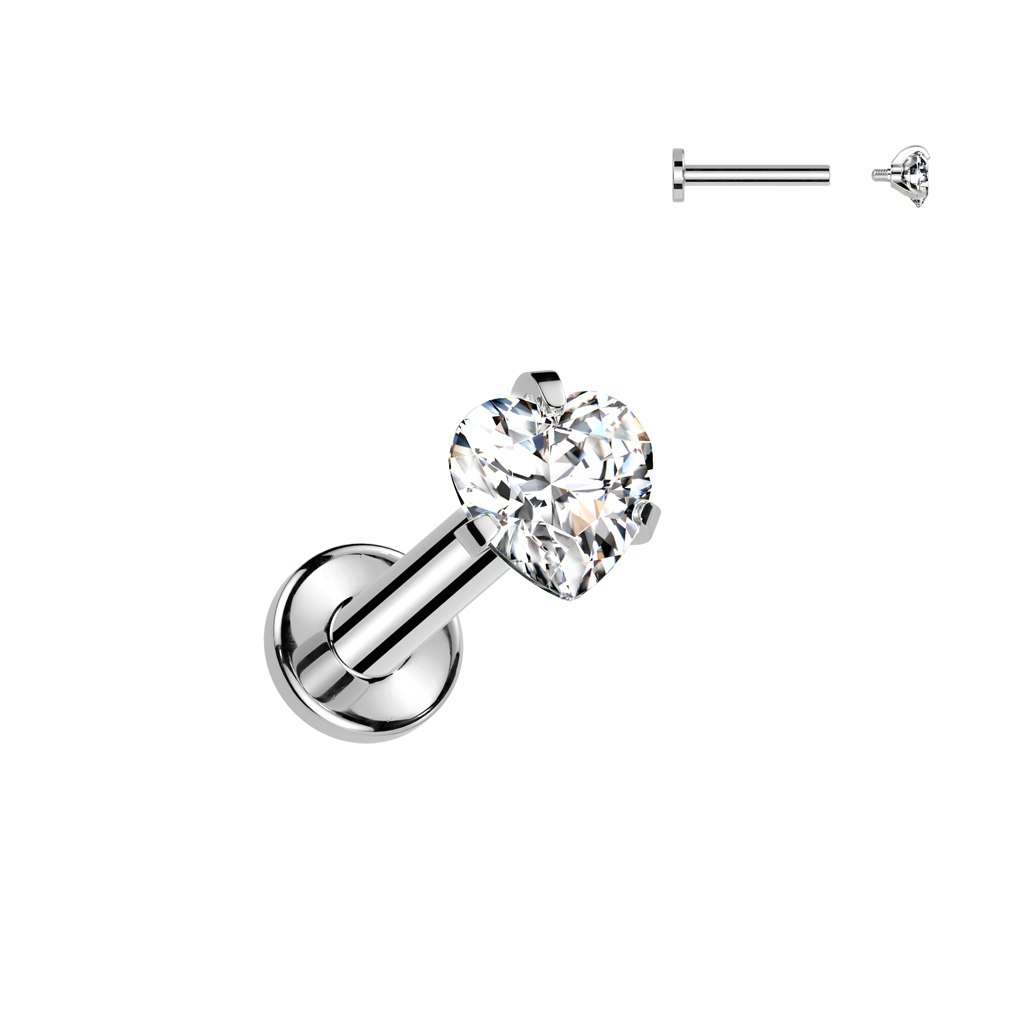 Titanium labret 1,2mm invändigt gängad med hjärtformad kubisk zirconia