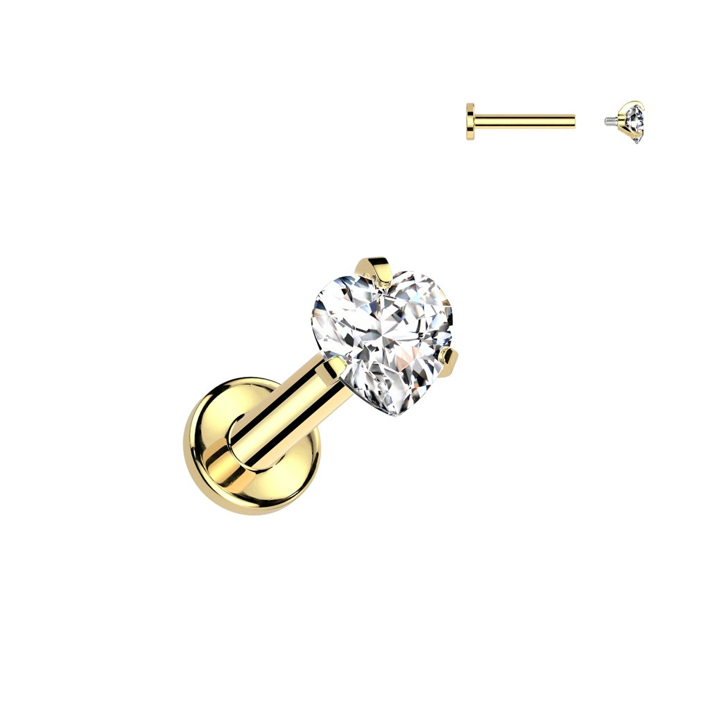 Titanium labret 1,2mm invändigt gängad med hjärtformad kubisk zirconia