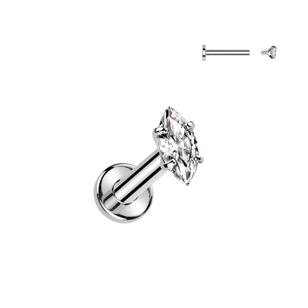 Titanium labret 1,2mm flat back piercing invändigt gängad med marquisesslipad kubisk zirconia