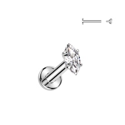 Titanium labret 1,2mm flat back piercing invändigt gängad med marquisesslipad kubisk zirconia