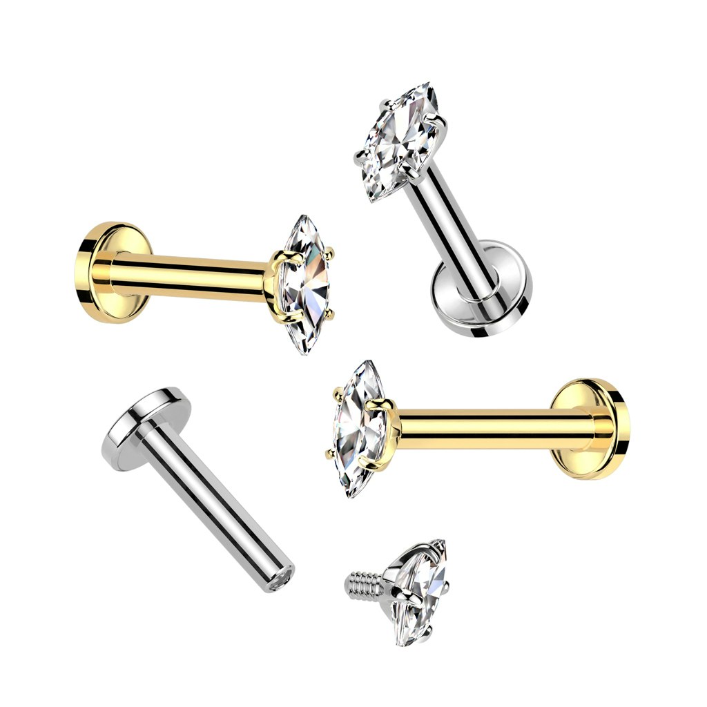 Titanium labret 1,2mm flat back piercing invändigt gängad med marquisesslipad kubisk zirconia