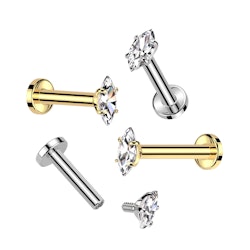 Titanium labret 1,2mm flat back piercing invändigt gängad med marquisesslipad kubisk zirconia