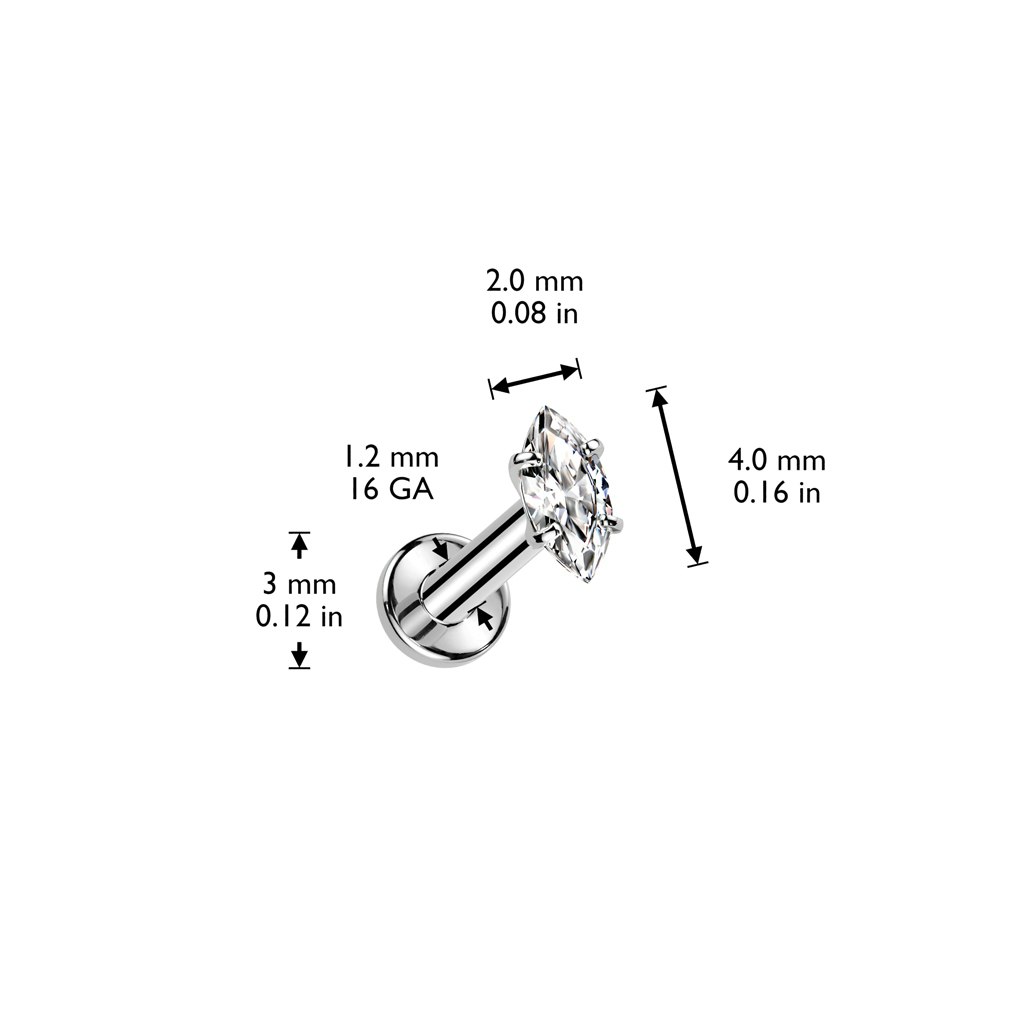 Titanium labret 1,2mm flat back piercing invändigt gängad med marquisesslipad kubisk zirconia