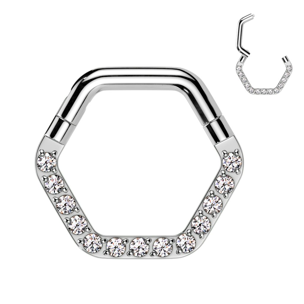 Hexagon Clicker ring i kirurgiskt stål 1,2mm med kubisk zirconia (8mm)