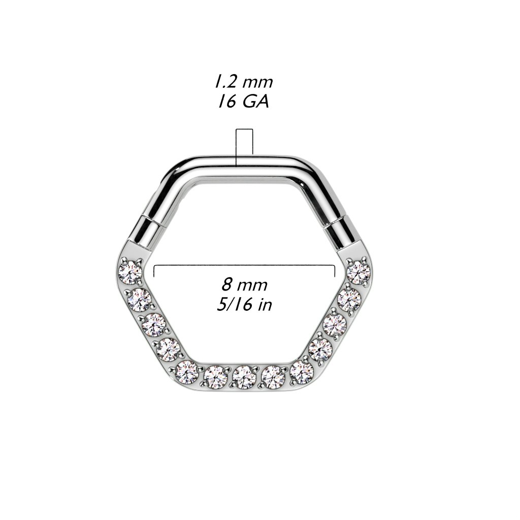 Hexagon Clicker ring i kirurgiskt stål 1,2mm med kubisk zirconia (8mm)