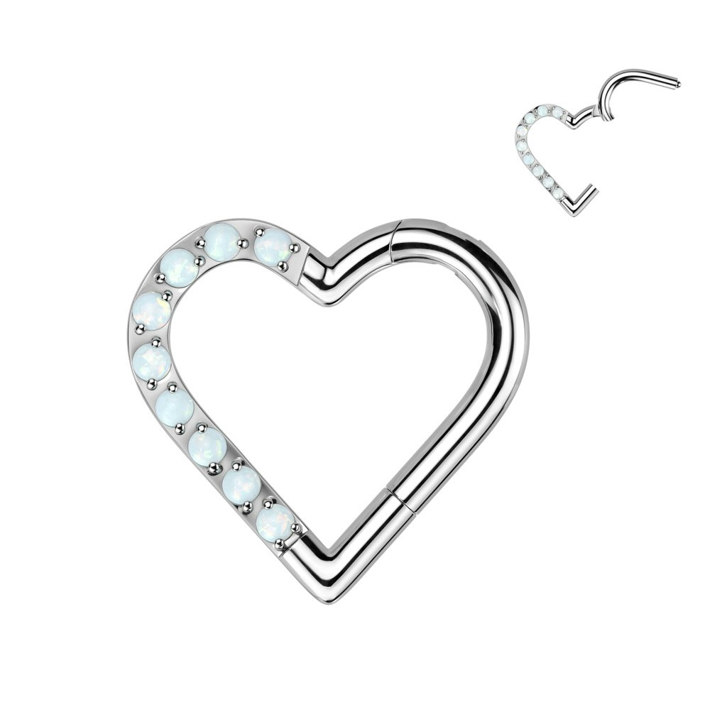 Clicker ring i titanium 1,2mm - Hjärtformad med syntetisk opal