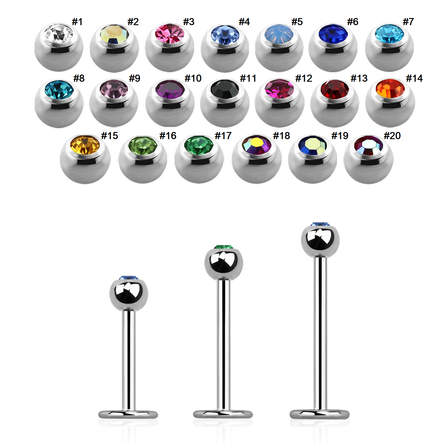 Labret / flat back piercing i kirurgiskt stål 1,0mm med 3mm kula med crystal