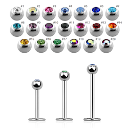 Labret / flat back piercing i kirurgiskt stål 1,0mm med 3mm kula med crystal