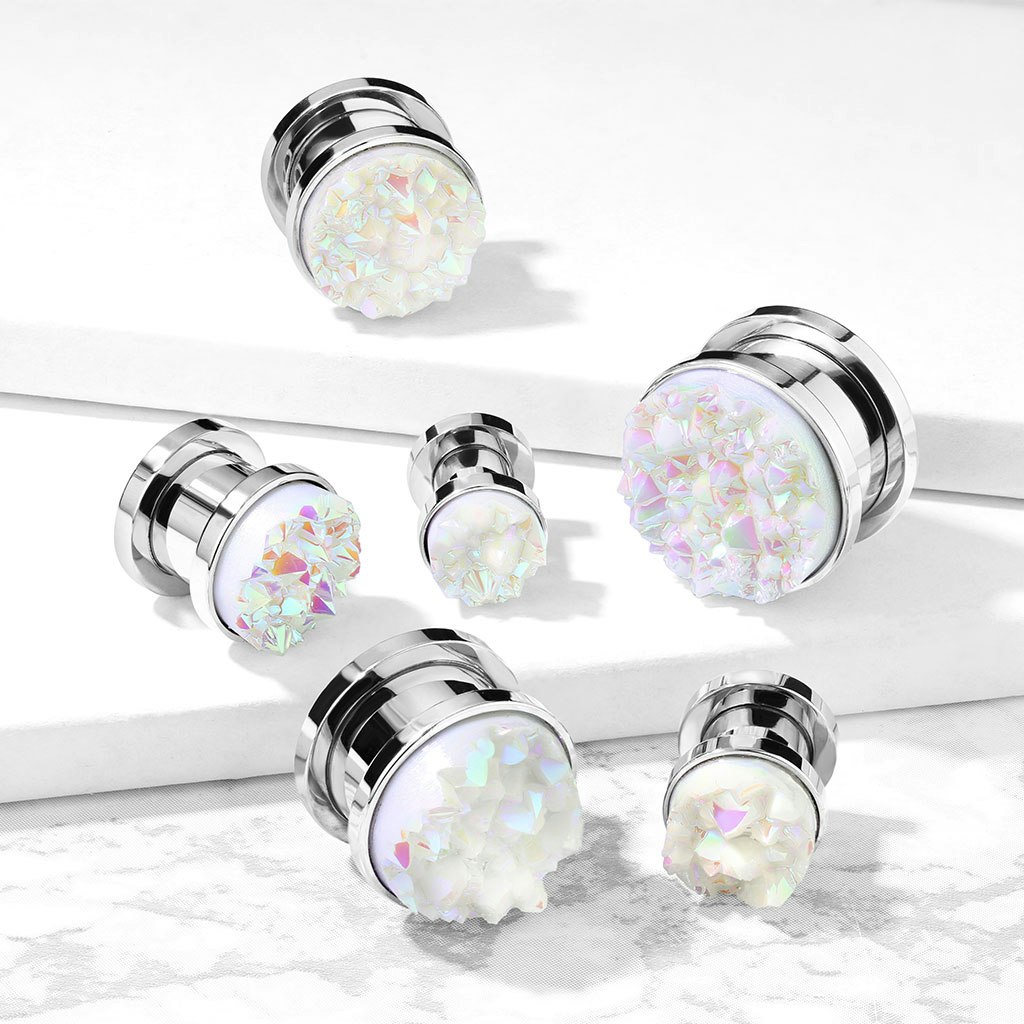 Plugg / töjning i kirurgiskt stål med vit druzy stone front (6-16mm)