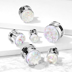 Plugg / töjning i kirurgiskt stål med vit druzy stone front (6-16mm)